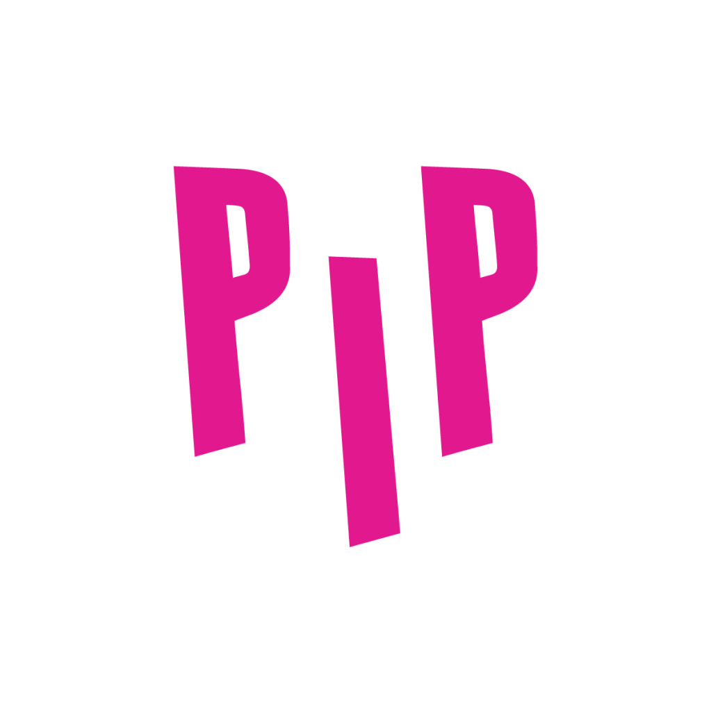 Pones in Public logo pink uppercase letters displaying P I P